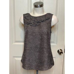 Theory Gray Floral Lace Print Silk Sleeveless Ruffle Top, Size P